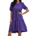 thumbnail image 3 of HUBERY Women Crew Neck Short Puff Sleeve Ruffled Keyhole Back Midi Dress, 3 of 6