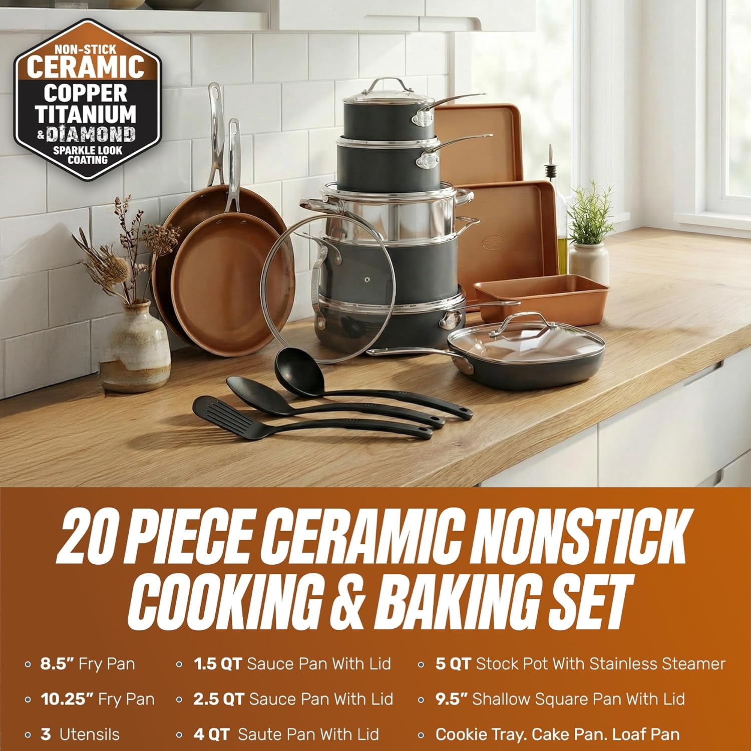 Gotham Steel TRUE VALUE 20 Pc Ceramic Pots and Pans Set Non Stick, Ceramic Cookware Set with Bakeware, Pot and Pan Set with Utensils, Non Stick Pots and Pan Set, Oven & Dishwasher Safe, Copper
