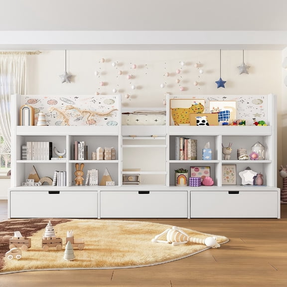 Twin XL Size Loft Bed with Curtain under the Bed and Chalkboard, Low Loft Bed with Multi-storage Shelves and Storage for Bedroom, Apartment, Mattress not included, White