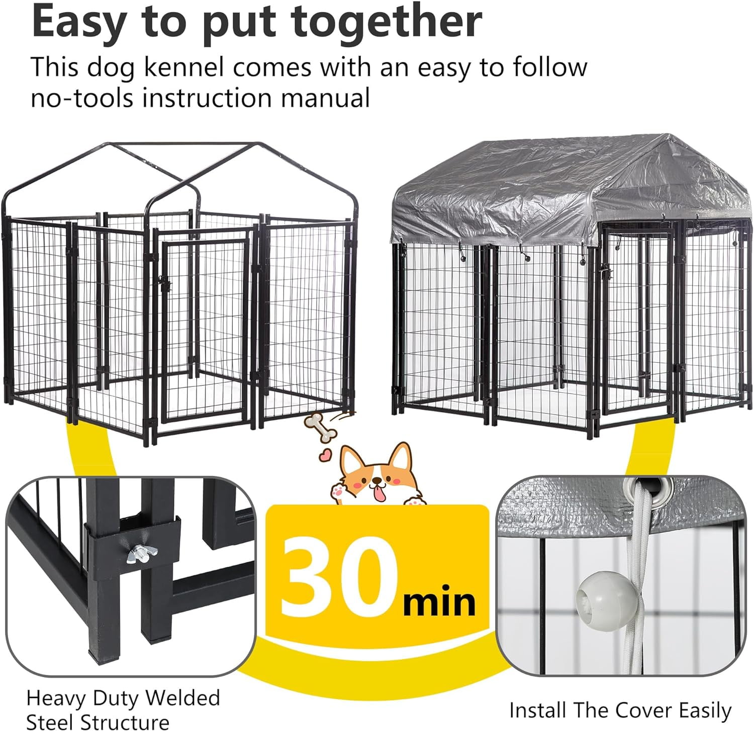 CL.HPAHKL Outdoor Dog Kennel 4×4×4.4 FT Heavy Duty Playpen Dog Crate Cage with UV-Resistant Waterproof Roof Cover, Dog Run Enclosure with Secure Lock Pet Kennel Fence