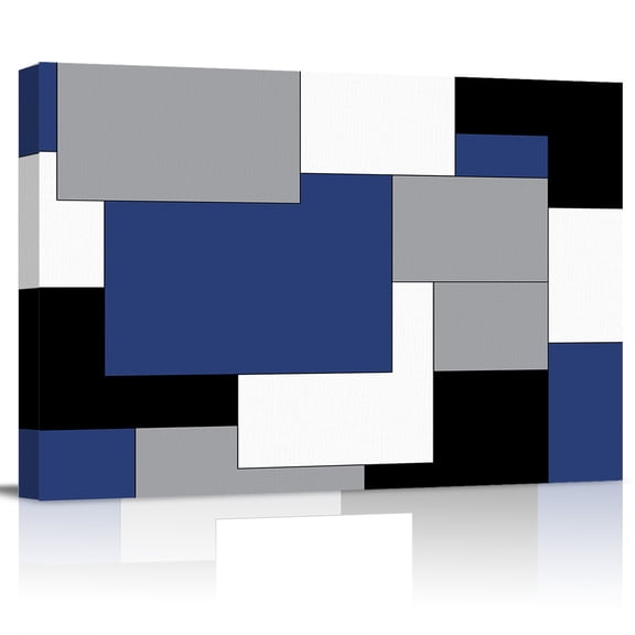 Abstract Art Canvas Print Wall Art Patchwork Black and Navy blue Pictures Painting Morden Artwork for Living Room Bedroom, Ready to Hang - 12"x16"