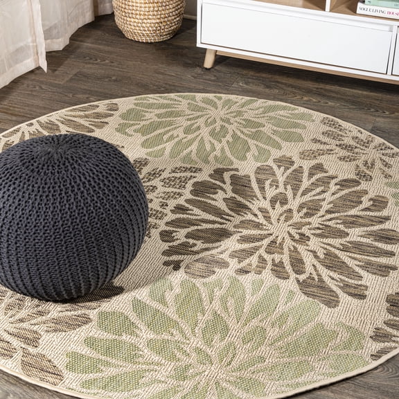 JONATHAN Y SANTA MONICA 5' Round Area Rug, Zinnia Floral Textured Weave - Sage/Brown, SMB110A-5R