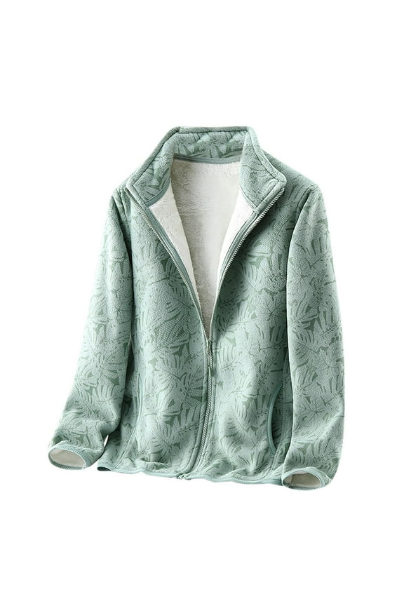 Women's Long Sleeve Zip Up Coat Turndown Lapel Short Cover-up Ladies Thickened Windproof Warm Fleece + Coral Fleece Fleece Camouflage Sweater Jacket, Mint Green