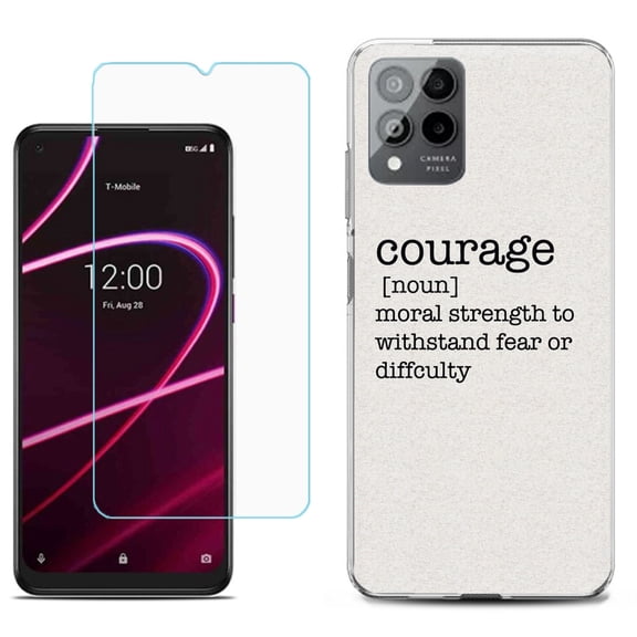 Slim-Fit Gel TPU Phone Case for T-Mobile Revvl 6 Pro 5G, with Tempered Glass Screen Protector, by OneToughShield ® - Dictionary/Courage