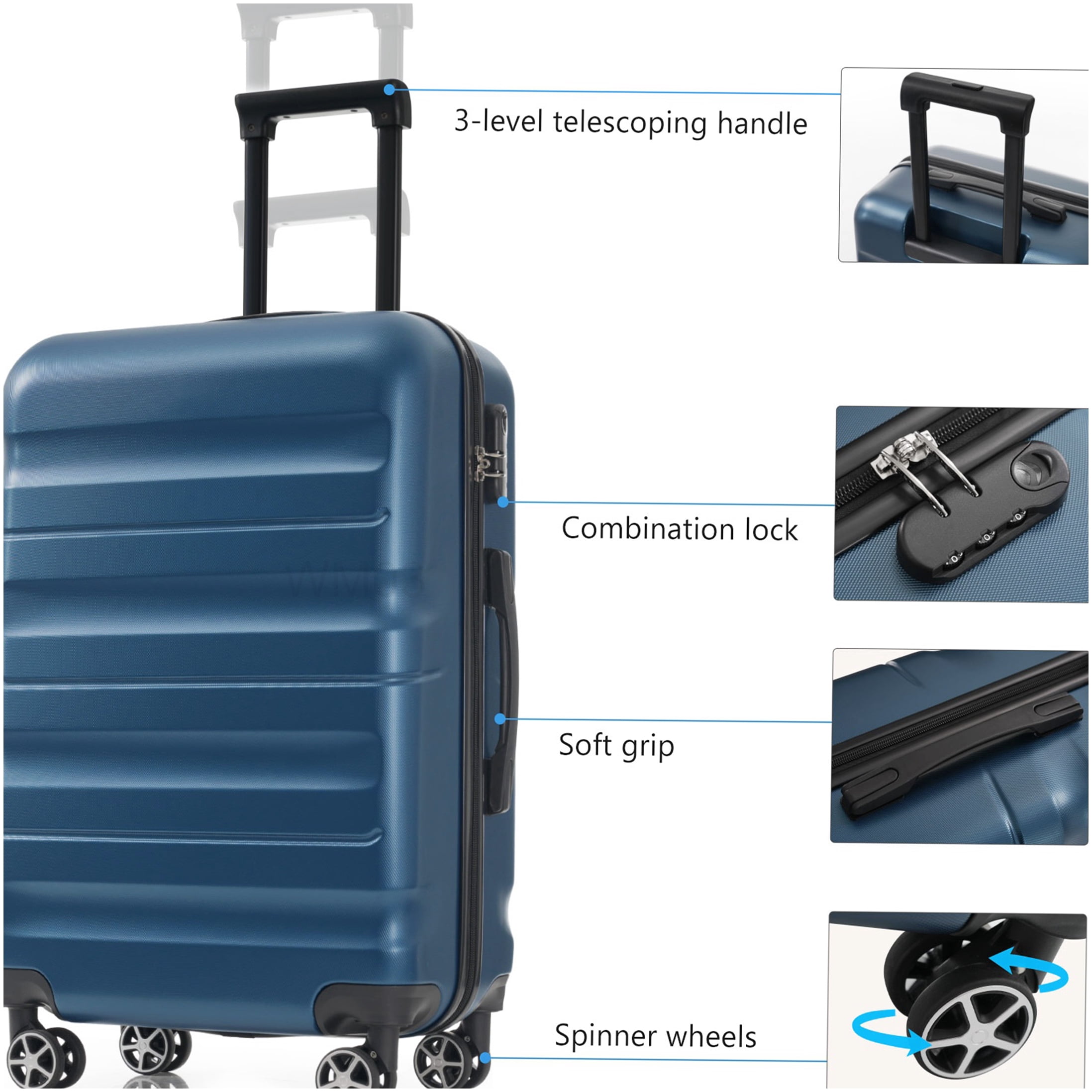 Lightweight ABS Hardshell Suitcase with 360° Spinner Wheels, 24-Inch Checked Luggage & Packing Organizers