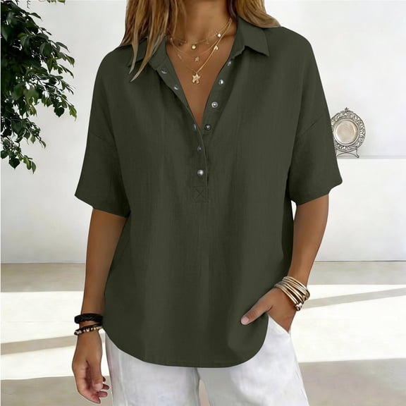 Conairie Polo Collar T Shirts for Women Half Sleeve Solid Color Single Shirts Loose Fit Casual Tops Army Green L