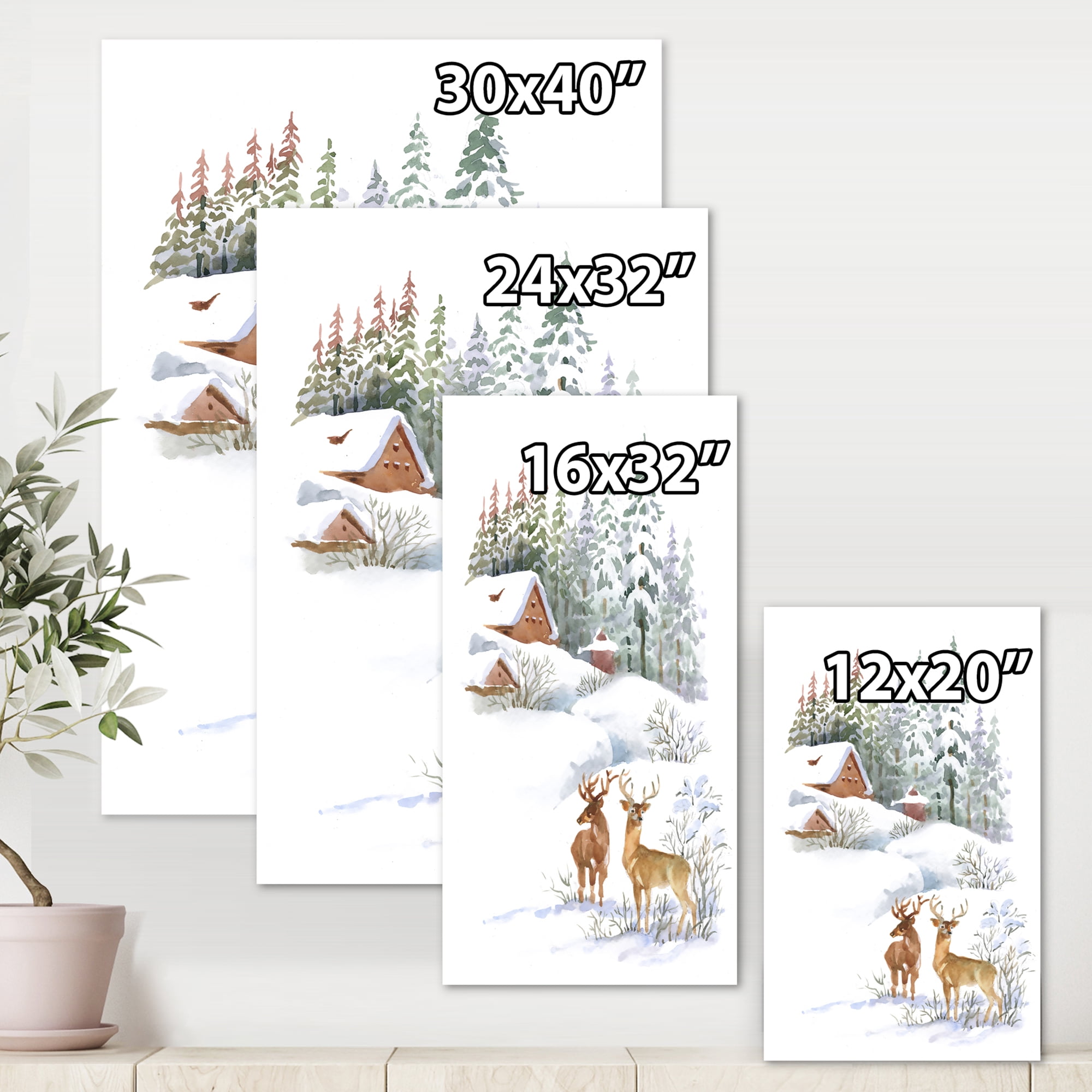 Designart ' Two Deers With Winter Cottage ' Farmhouse Canvas Wall Art Print