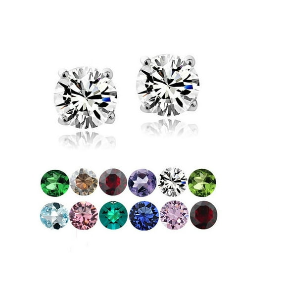12Pack Sterling Silver Round Birthstone 6MM Studs.