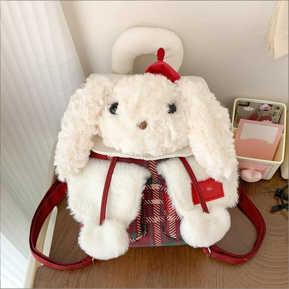 Cartoon Plush Backpack Stuffed Animal Bag Red Checkered Bunny Design With Adjustable Straps For Teens & S, Cute Plush Toy Bag For Daily Use & Outings