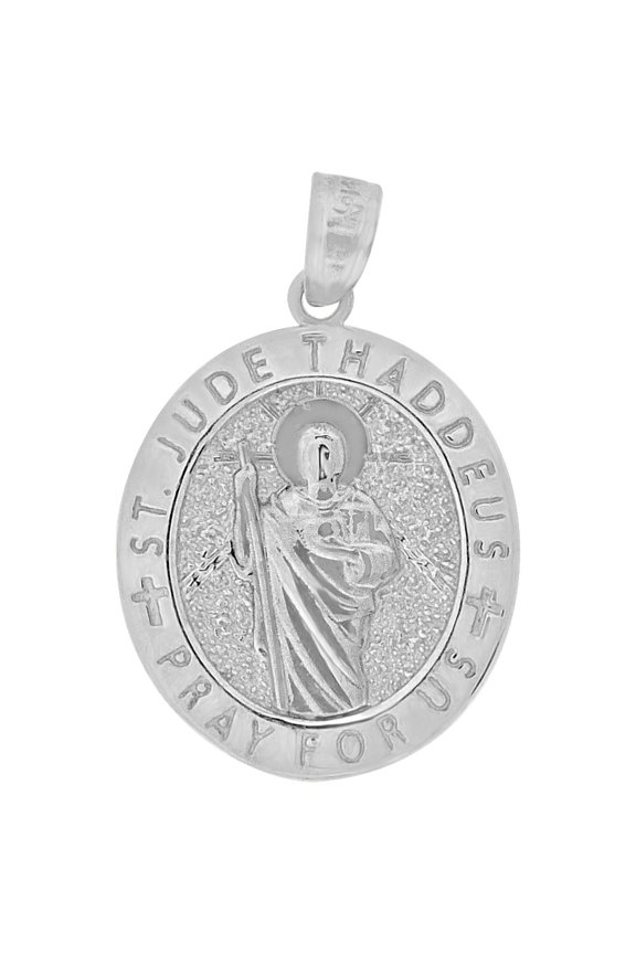 14k Gold White Rhodium, Saint Jude Judas Thaddeus Pendant Charm Oval 16mm Wide