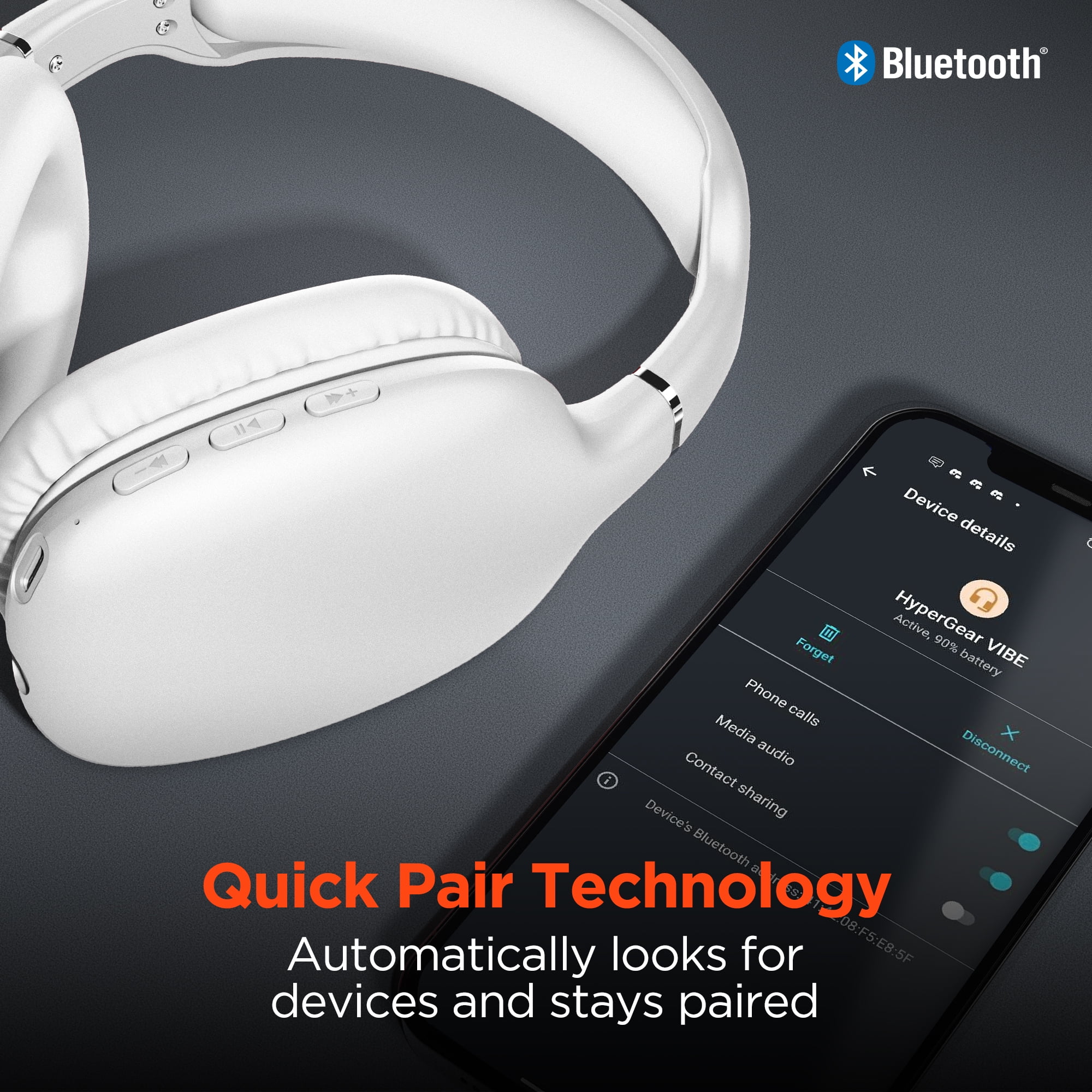 Hypercel HyperGear VIBE Wireless Over-Ear Bluetooth Headphones with USB-C Cable, White