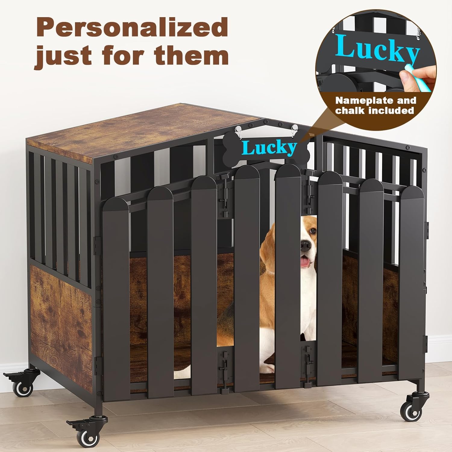 POAO 31"Heavy Duty Dog Crate Furniture with 360°Wheels,Dog Kennel Indoor for Small Dogs,Wooden Dog Cage with Feeding Window &Name Tag,Brown