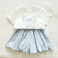 thumbnail image 5 of WQNVRNR Girls Sweet Two-Piece Outfit- Elastic Waist Bubble Shorts Short Sleeve Crewneck Top Casual Bow Summer Clothes Set Blue Size 1 Years, 5 of 9
