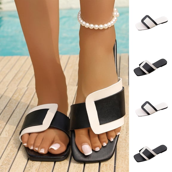 Agkizg Womens Indoor Outdoor Slides, Beach Walking Sandals, Colorblock Squares Open Toe Flat Slide Sandals Casual Indoor Outdoor Daily Slippers