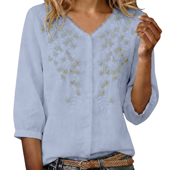 Tweang Cotton Blend Tops for Women Peasant Blouses for Women Floral Embroidered Boho Tops Boho Peasant Blouses Boho Tops for Women 2026 Cotton Button Down Graphic Shirt Half Sleeve Blouses Blue L