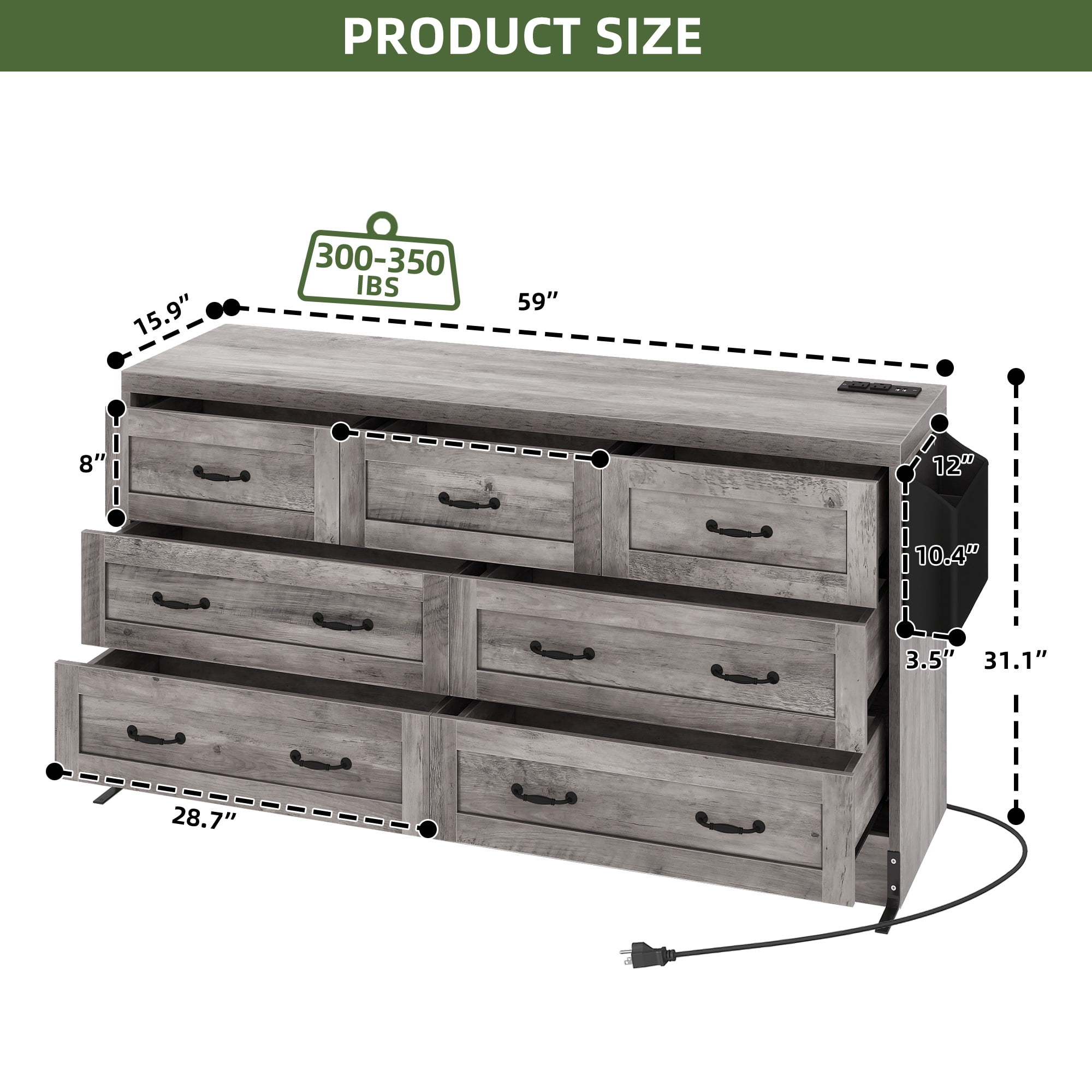 Uforic 7-Drawer Double Dresser Storage Cabinet with Power Outlets, Wood Chest of Drawers, Gray
