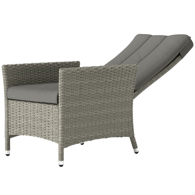 Fauteuil Inclinable d'Extérieur en Osier Gris avec Dossier Réglable 105°-150°, Coussin Épais Rembourré, Cadre en Acier Enduit de Poudre, Chaise Longue de Patio Résistante aux Intempéries pour Jardin et Bord de Piscine