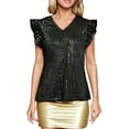 thumbnail image 2 of Black Tshirts for Women Spring and Summer New V Neck Plug In Sleeve Solid Color Sequin Top Women's T Shirt Going Out Tops for Women, 2 of 6