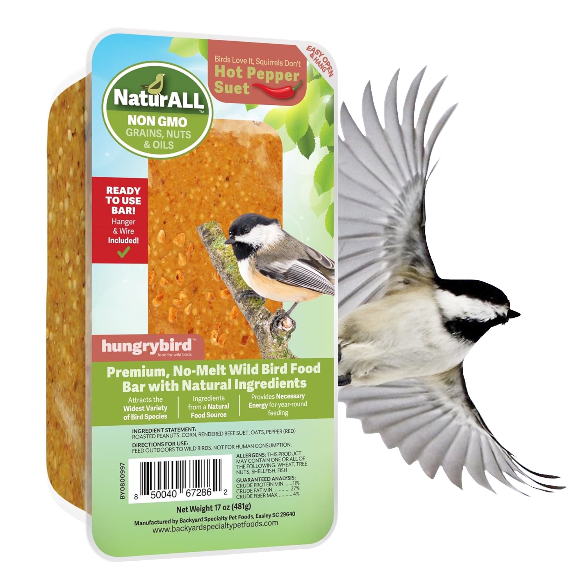 Hungrybird NaturAll Non-GMO, High-Protein Suet Bar with Hot Pepper Filling for Outside Wild Birds