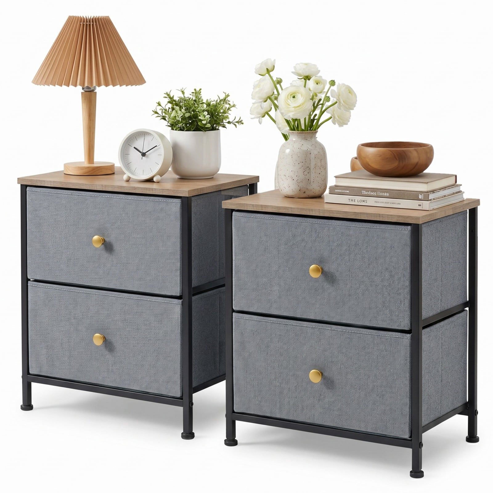 Telyra Nightstands Set of 2 20" Fabric Bedside Tables with 2-Drawer Wood Tops and Steel Frames Small Storage Organizers, Blue Gray