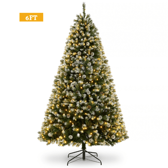 Legooin 6FT Pre-lit Christmas Tree Flocked Artificial Xmas Tree with 800 Branch Tips, 300 LED Lights, 51 Pinecones, for Christmas Holiday Decor, Green
