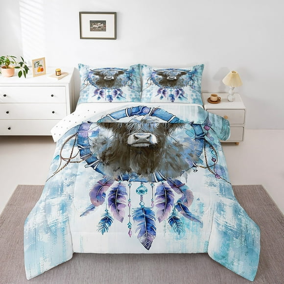 Safari Highland Cow Toddler Comforter Set for Kids Boys Girls Farm Animal Bedding Set Toddler, Bohemian Dreamcatcher Bedding Comforter Sets Blue Ombre Duvet Set, Tribal Feather Quilted Comforter