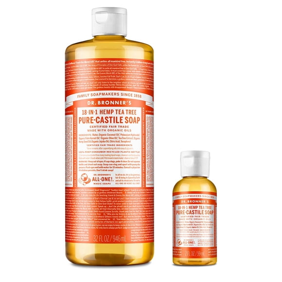 Dr. Bronner&acirc;??s Savon Liquide de Castille Pur&acirc;?? Ensemble Arbre à Thé. Bouteille de 946 ml et Bouteille de Voyage de 59 ml