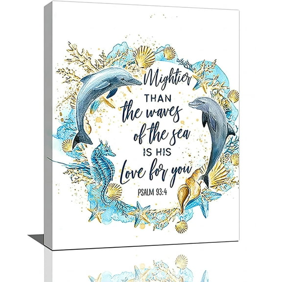 Ocean Dolphin Wall Art Christian Bedroom Wall Decor Nautical Wall Art Blue Dolphin Seahorse Pictures Nautical Canvas Painting Framed Artwork for Bathroom Living Room Bedroom 12"x16"