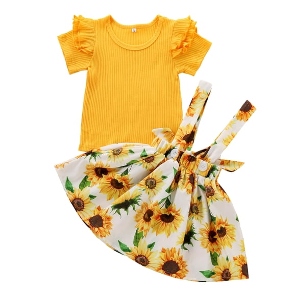 Vedolay Girl's Skirts Girl's 2 Piece Outfits Floral Print Lettuce Trim T Shirt Top and Skirt Clothing Sets,Yellow 6-12 Months