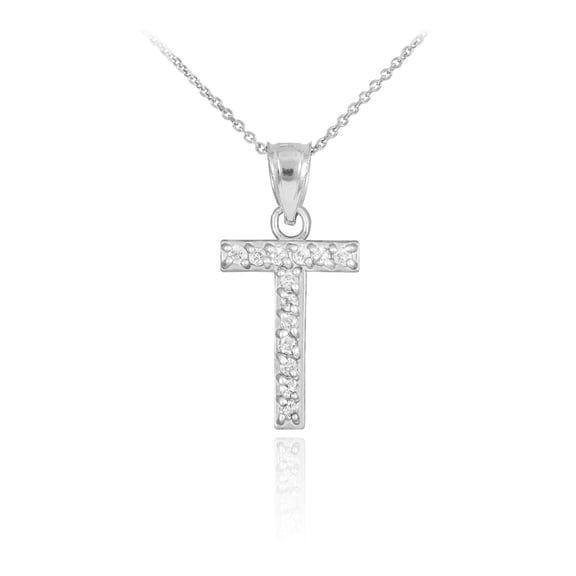 WHITE GOLD LETTER "T" DIAMOND INITIAL PENDANT NECKLACE :  14K  Pendant with 18" chain