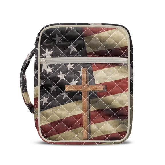 Yuyamidu American Flag Bible Covers for Women Cross Quilted Bible Bag Portable Bible Carrying Case with Handle & Multi Pockets, 4th of July