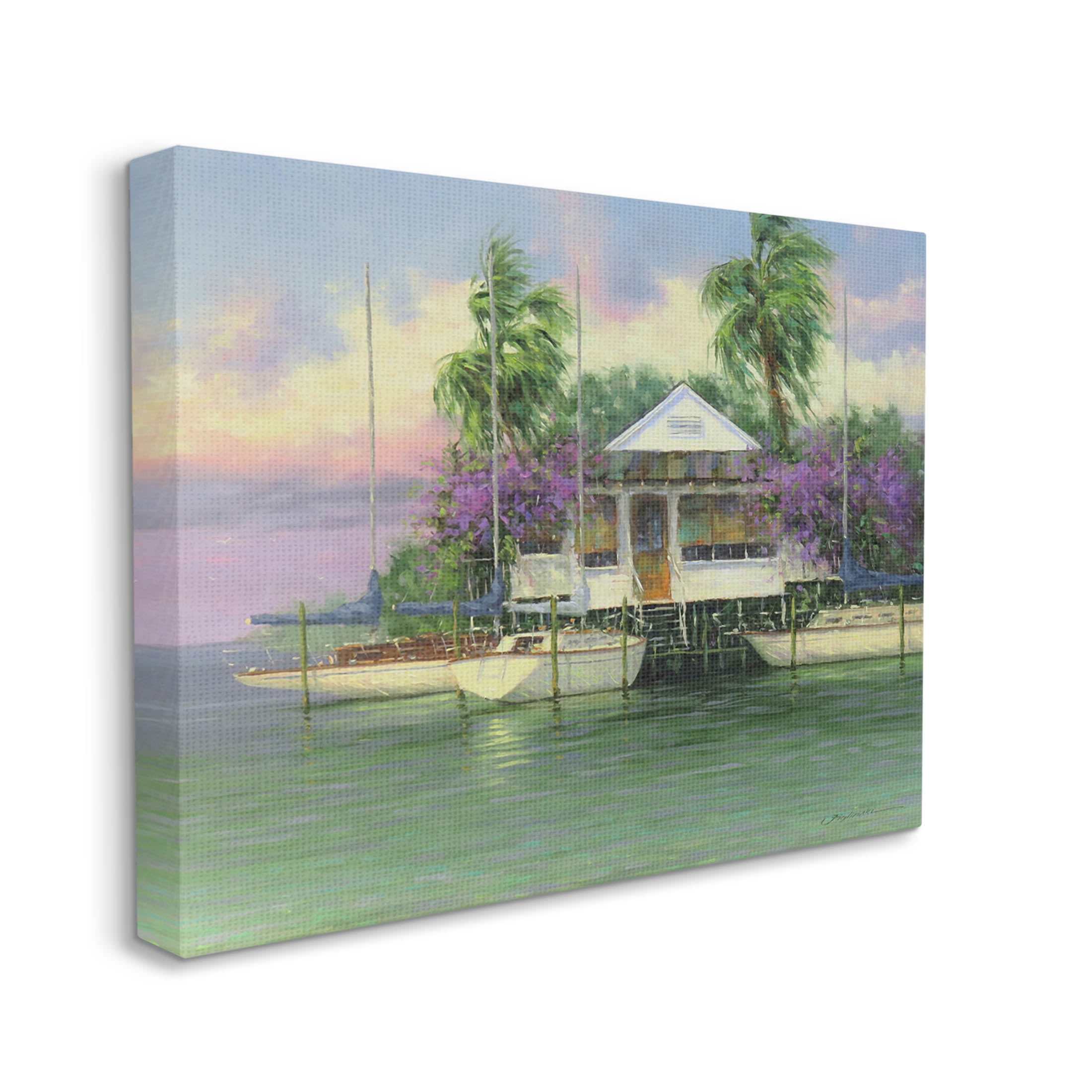 Coastal Boat Dock Tropical Palms Landscape Painting Gallery Wrapped Canvas Print Wall Art