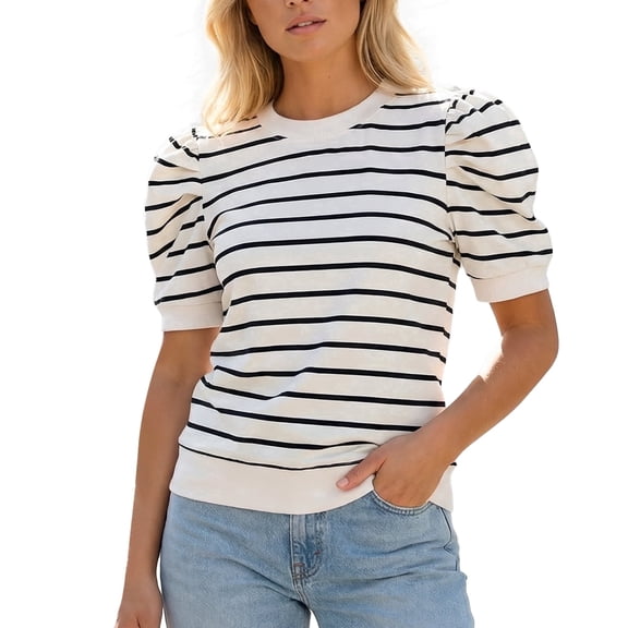 Gingprous Womens Puff Short Sleeve Tshirt Trendy Striped Knit Tops Casual Spring Summer Crewneck Blouse