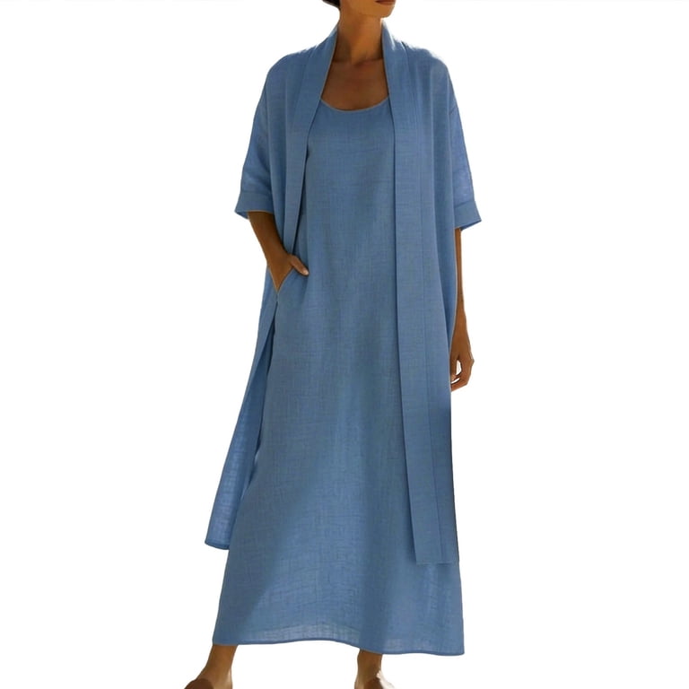 stores selling matching sets and flowy dresses for holidays Mifsaly 2 Piece Linen Set for Women Open Front Long Cardigan and Midi Spaghetti Strap Dress with Pockets Lightweight Flowy Summer Casual Vacation Boho