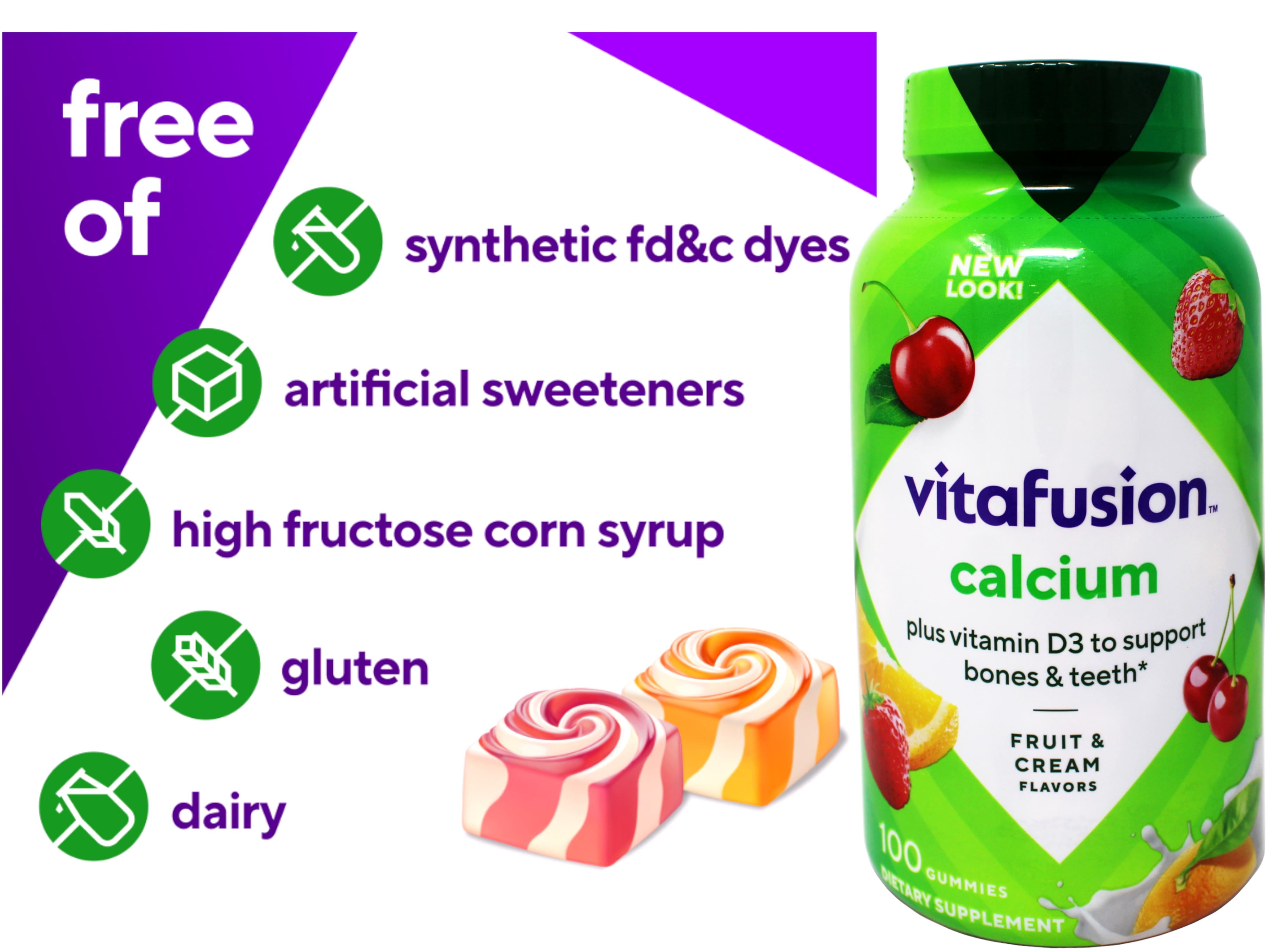 Vitafusion Calcium 500 mg Gummy Vitamins For Adults, Creamy Swirled Fruit 100 ea (Pack of 2)