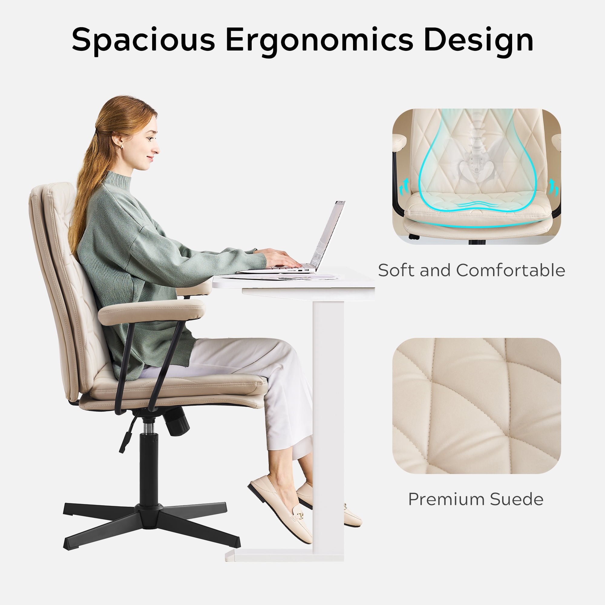EYYTHUNG Home Office Desk Chair No Wheels with Arms, Crossleg Adjustable Stationary Ergonomic Office Swivel Working Computer Chair, Cream White