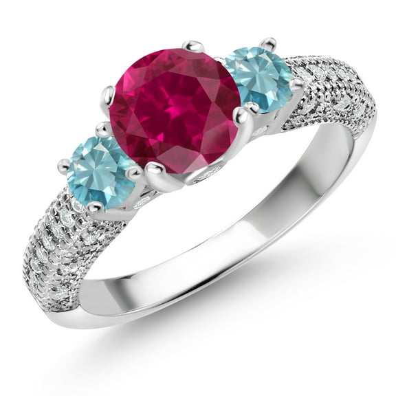 Gem Stone King 925 Sterling Silver Red Created Ruby Blue Zircon and White Moissanite Engagement Ring for Women (2.63 Cttw, Gemstone July Birthstone, Round 7MM and 4MM, Size 8)
