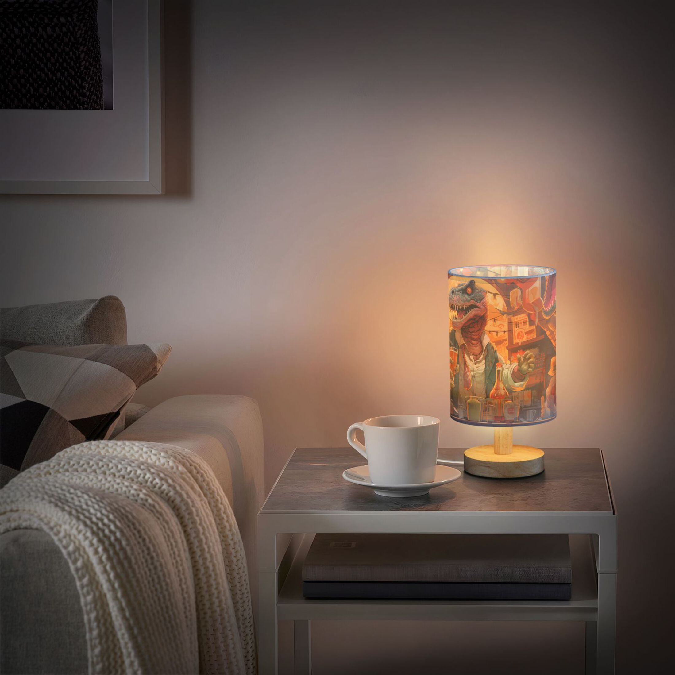 Dinosaurs Drink Desk Lamb Table Lamp USB Bedside Desk Nightstand Lamp Printed Gifts Small Lamp Wood Base for Bedroom Living Room Kids Room College Dorm