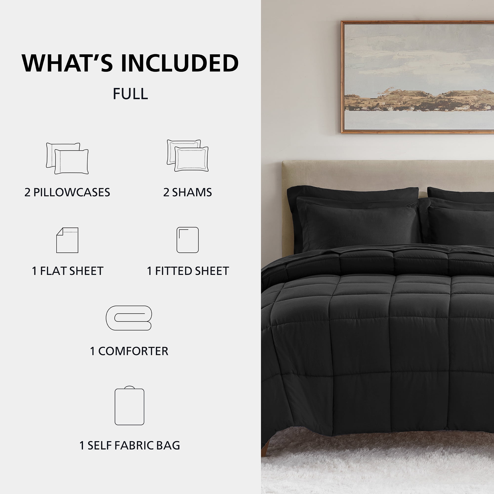 Mainstays All in One Down Alt Reversible Comforter and Sheet set- 7 Piece, Full, Black