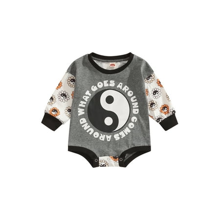 

Binpure Baby Romper Flower Printed Patchwork Long Sleeve Round Neck Traditional Yin Yang Pattern Letter Print Triangle Jumpsuit