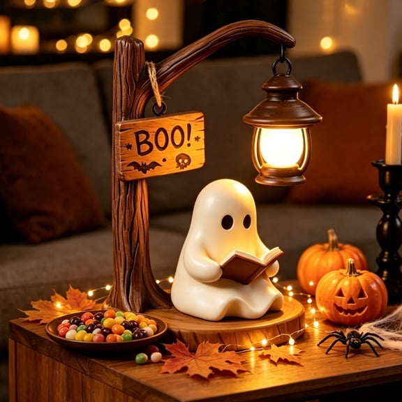 Halloween Ghost Reading Book Lamp, Resin Figurine with LED Lantern Ghost Warm Lighted Indoor Figurine Lamps for Halloween Party Home Indoor Decor 5.91 Inch Tall