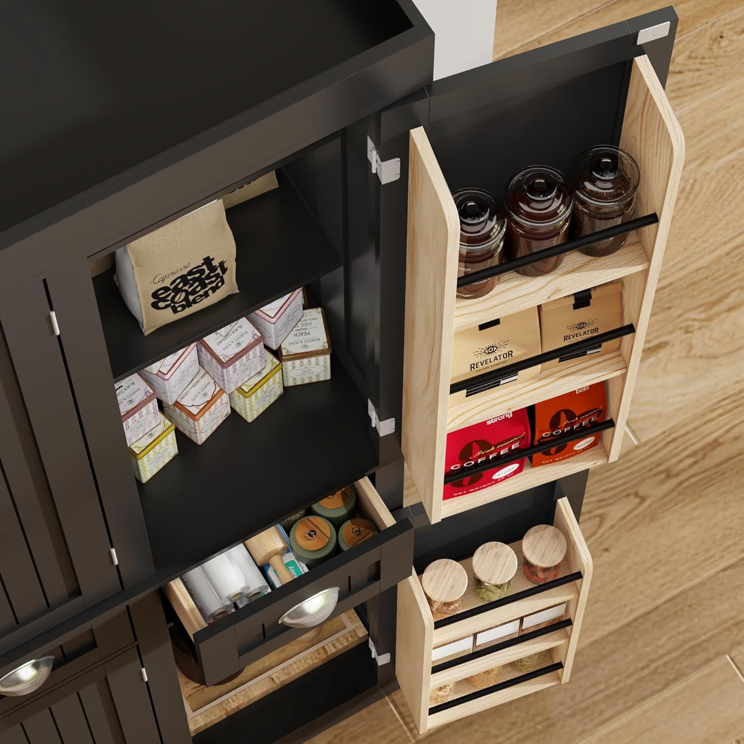 ChVans 71" Tall Kitchen Pantry with 6 Doors, Storage Cabinet with 2 Large Drawer 6 Hanging Shelves, Freestanding Cupboard for Dining Room Living Room