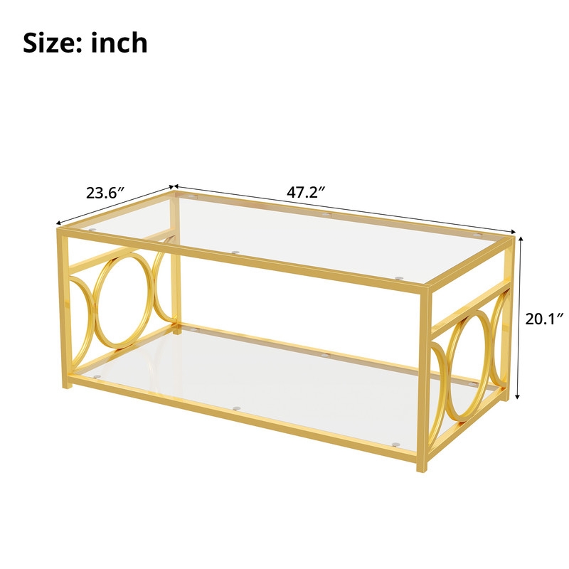 Glass Top Coffee End Table with Gold Metal Frame, Rectangular 2-Tier Storage Center Cocktail Table with Open Storage Shelf