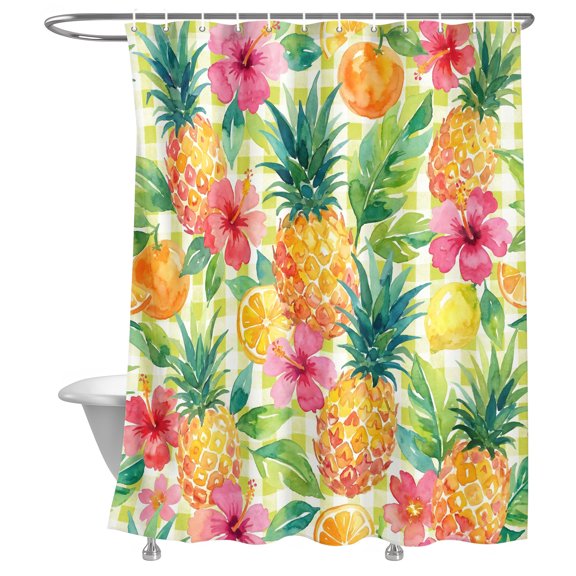 Pineapple Lemon Shower Curtain, Watercolor Summer Fruits Floral Green Plaid Lightweight Waterproof Fabric Shower Curtain with Rustproof Grommets for Bathroom Bathtub 72x96in