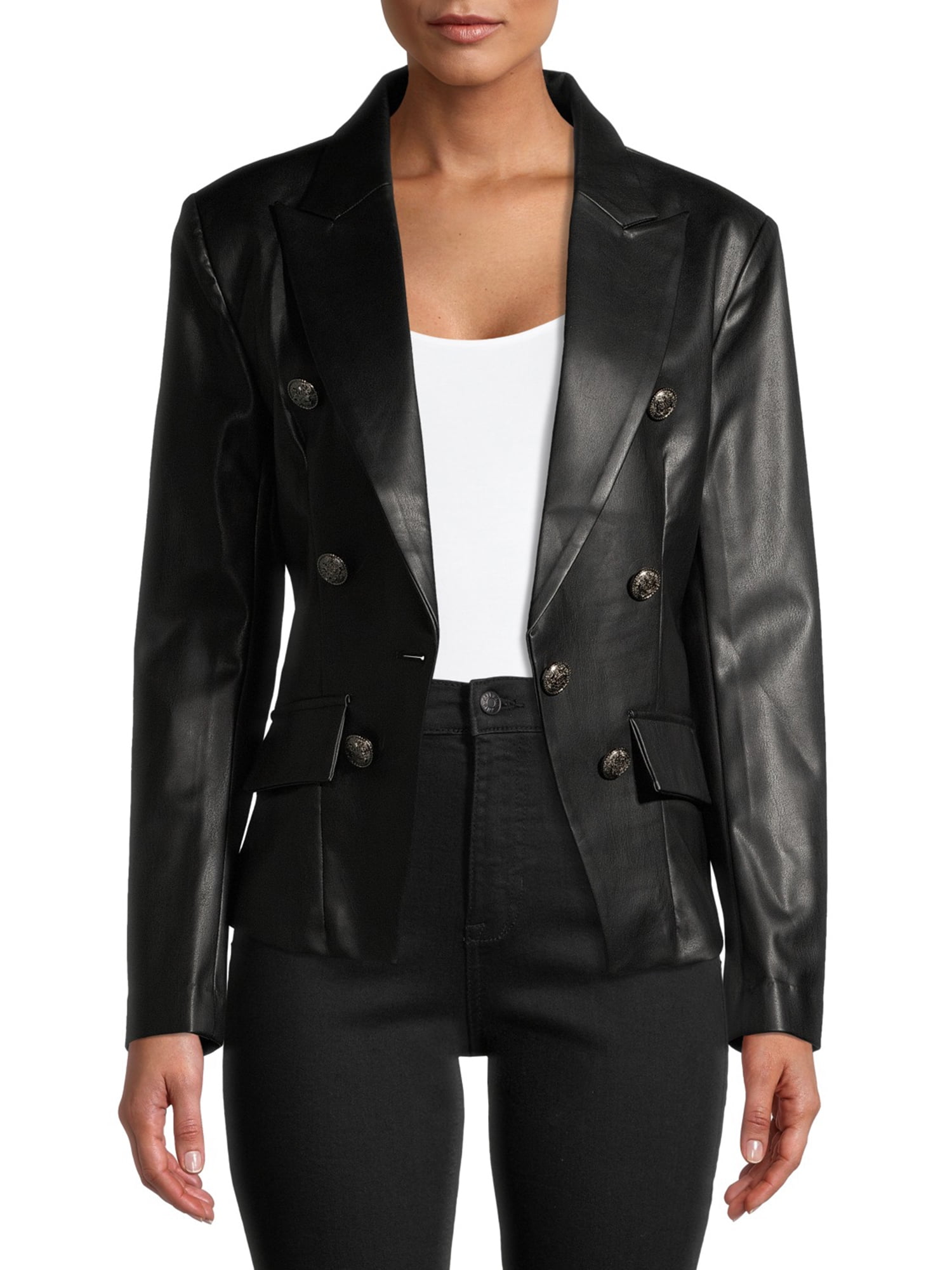 Attitude Unknown Women's Faux Leather Double Breasted Short Blazer ...