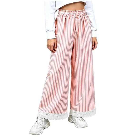 Ohufall Girls Pants Lace Hem Elastic Waist Wide Leg Casual Pants Kids Thin Comfort Striped Pant 2-14T