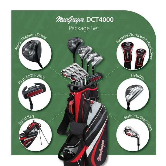 MacGregor Golf DCT4000 1 Inch Longer Golf Clubs Set with Bag, Mens Right Hand (12 Clubs / 16 Pieces), Graphite/Steel, Regular