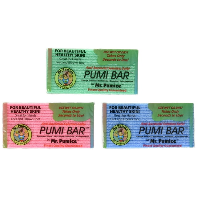 Mr. Pumice Callus Remover Pumi Bar in a 4-pack with assorted colors, featuring medium grit for pedicure use. The image shows three bars in green, pink, and blue, each labeled with antibacterial properties and suitable for wet or dry use. Designed for removing calluses and smoothing feet, hands, and elbows.