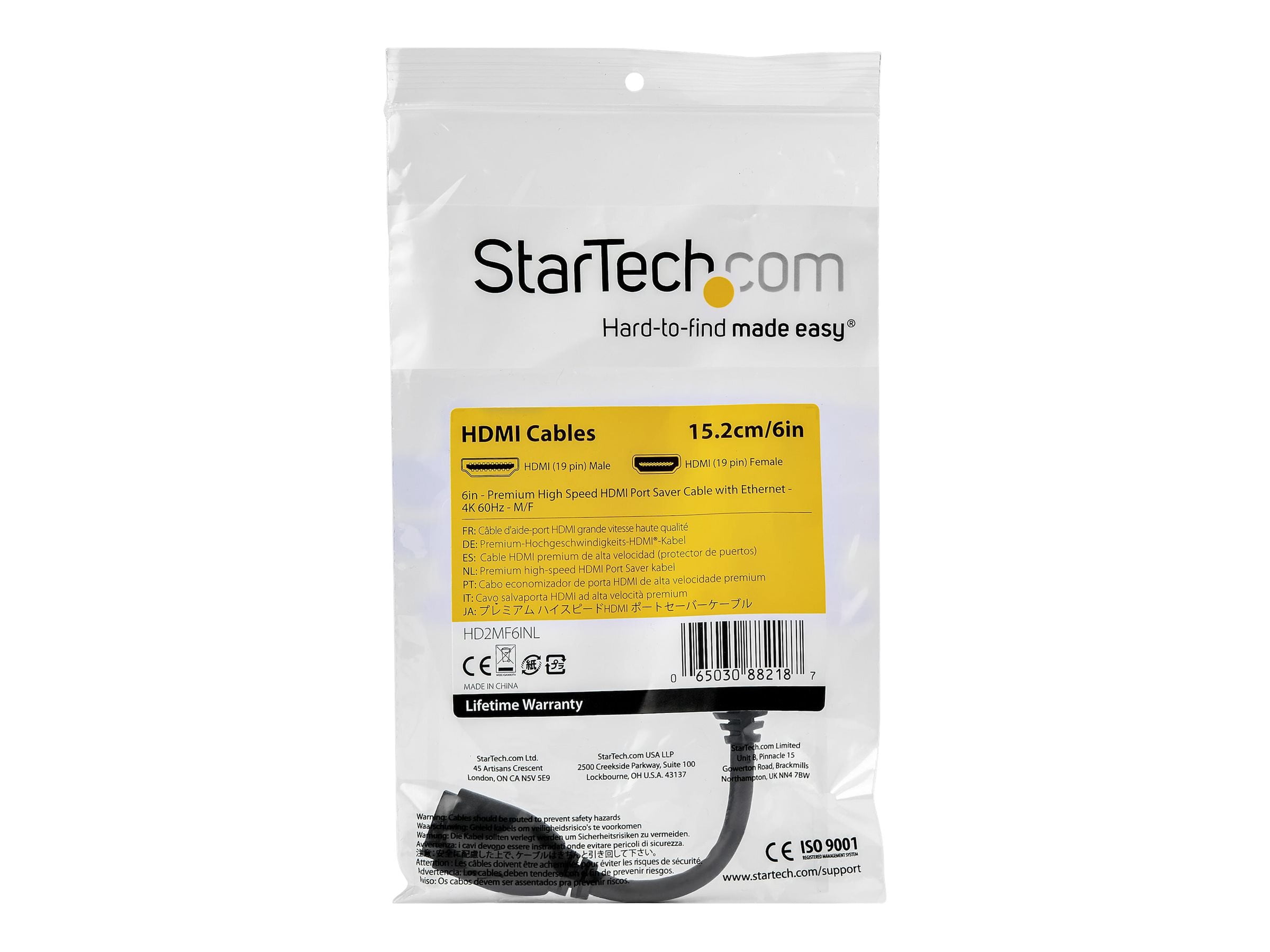 Startech.com 6in High Speed Hdmi Port Saver Cable With 4k 60hz - Short Hdmi 2.0 Male To Female Adapter Cable - Port Extnder (hd2mf6inl) - Hdmi Extension Cable - Hdmi Male Straight To Hdmi Female