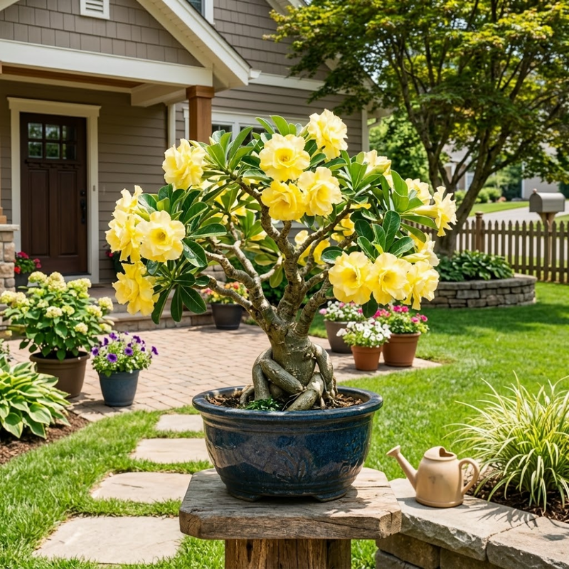 Double Yellow Desert Rose Plant Live, Adenium Obesum Desert Rose, 4-8 Inc Tall, Perennia and Hardy Succulent for Indoor and Outdoor Planting